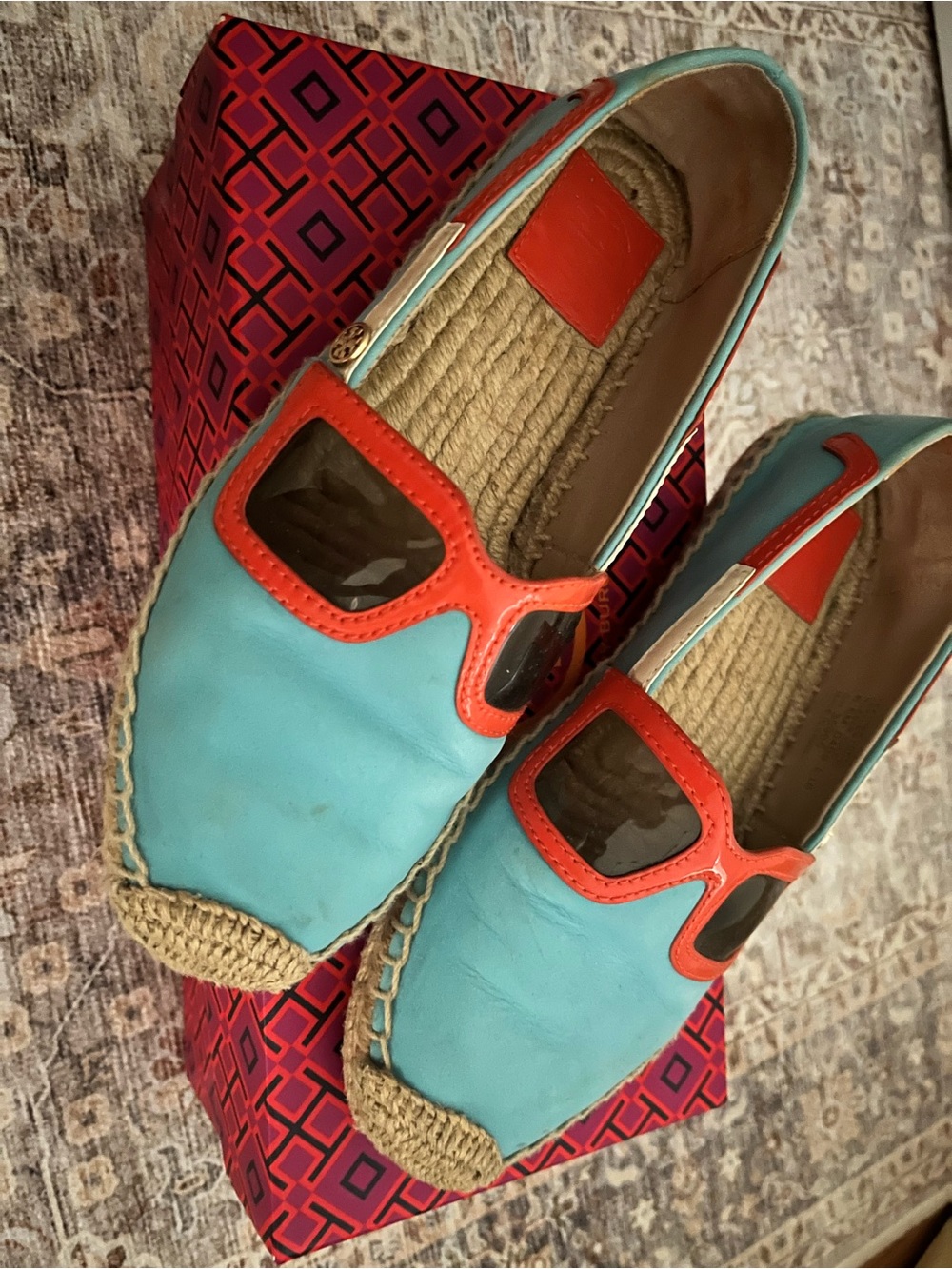 Tory Burch Turquoise and Orange Espadrille Slip-On